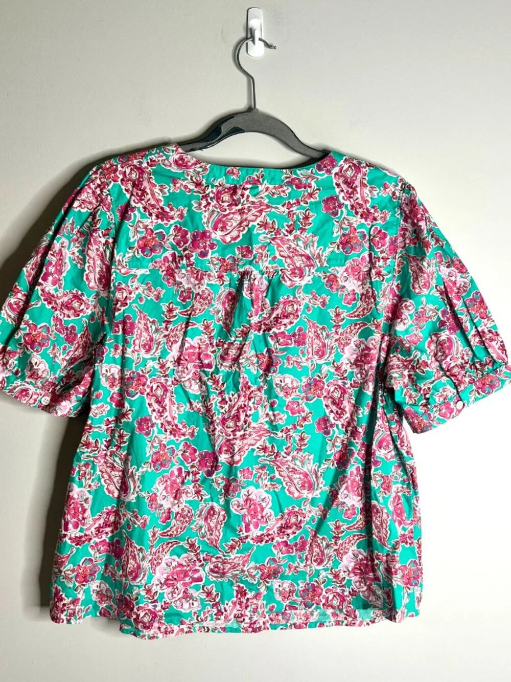 J. Crew Puff Sleeve Preppy Floral Printed Short-Sleeve Poplin Top Cotton Sz XL